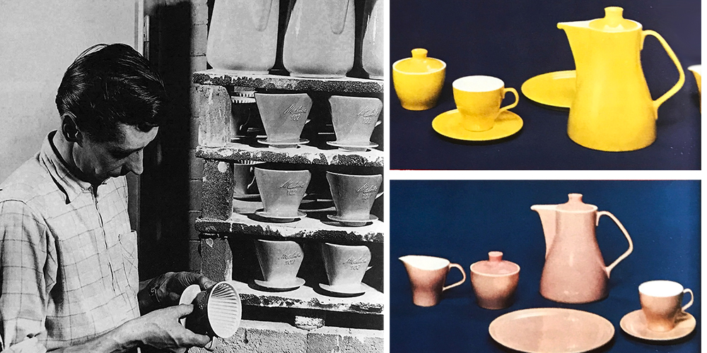 Showing pastel-colored Melitta earthenware pots and filter cones