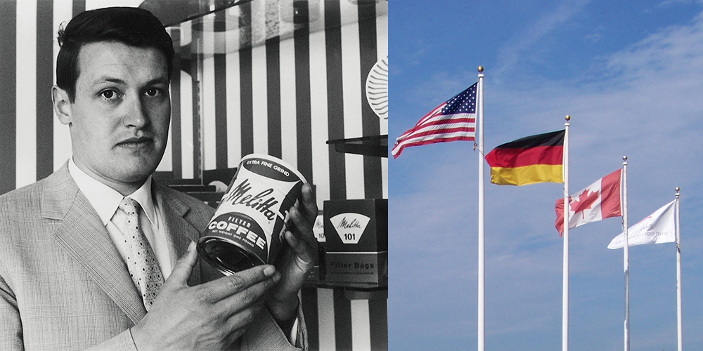 Showing flags and man with melitta coffee can